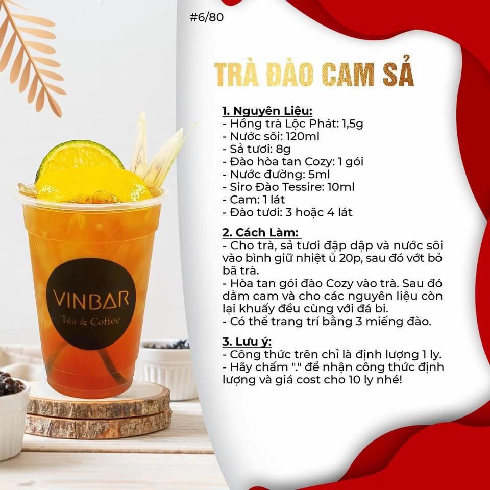Tổng hợp công thức pha chế đồ uống Vinbar: Trà Đào, Trà Đào Cam Sả, Trà Lipton Cam, Lục Trà Hoa Hồng và Milô Dầm Trân Châu