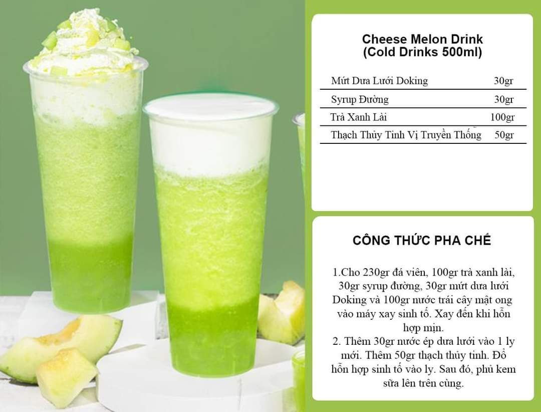 Tổng hợp công thức pha chế nước ép dưa lưới Doking đa dạng: Melon Fruit Tea, Bluberry Lemon Tea, Cheese Melon Drink, Green Cantaloupe Milk và Cantaloupe Sparkling Water