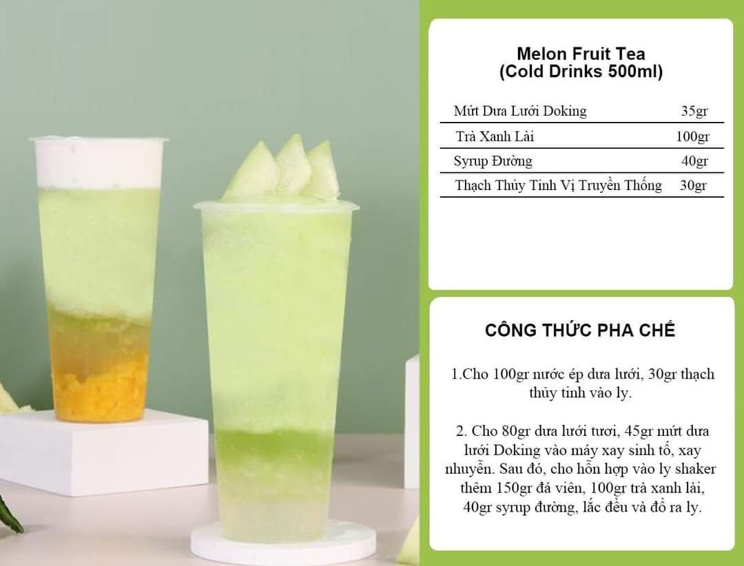 Tổng hợp công thức pha chế nước ép dưa lưới Doking đa dạng: Melon Fruit Tea, Bluberry Lemon Tea, Cheese Melon Drink, Green Cantaloupe Milk và Cantaloupe Sparkling Water