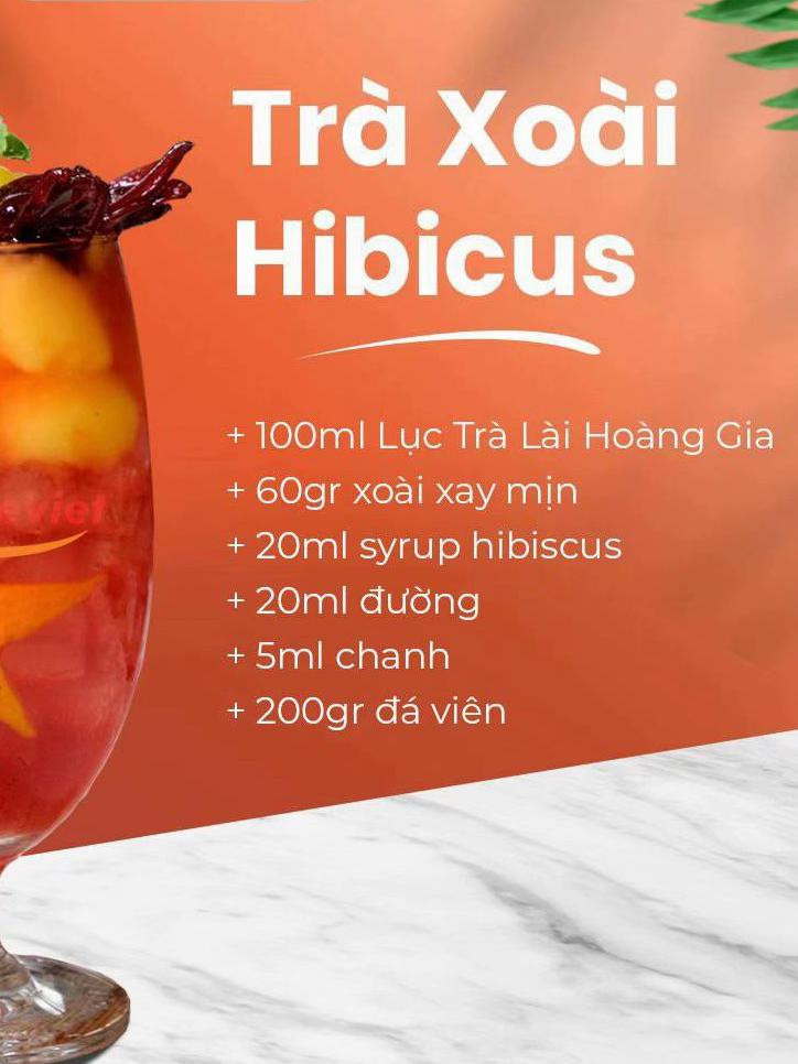 Tổng hợp công thức pha chế trà hoa Hibiscus: Trà Cam, Trà Xoài và Trà Hoa Hibiscus với nguyên liệu Lục Trà Lài Hoàng Gia