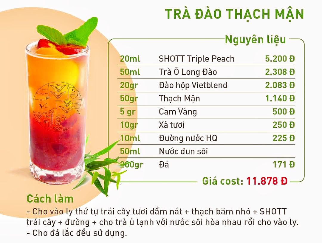 Tổng hợp công thức pha chế trà trái cây giải nhiệt ngày hè: Trà Xoài Bưởi Hồng, Cam Đào, Đào Thạch Mặn, Xoài Thạch Trà và Chanh Kiểu Mạch