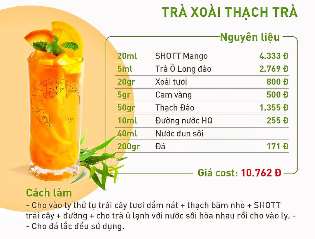 Tổng hợp công thức pha chế trà trái cây giải nhiệt ngày hè: Trà Xoài Bưởi Hồng, Cam Đào, Đào Thạch Mặn, Xoài Thạch Trà và Chanh Kiểu Mạch