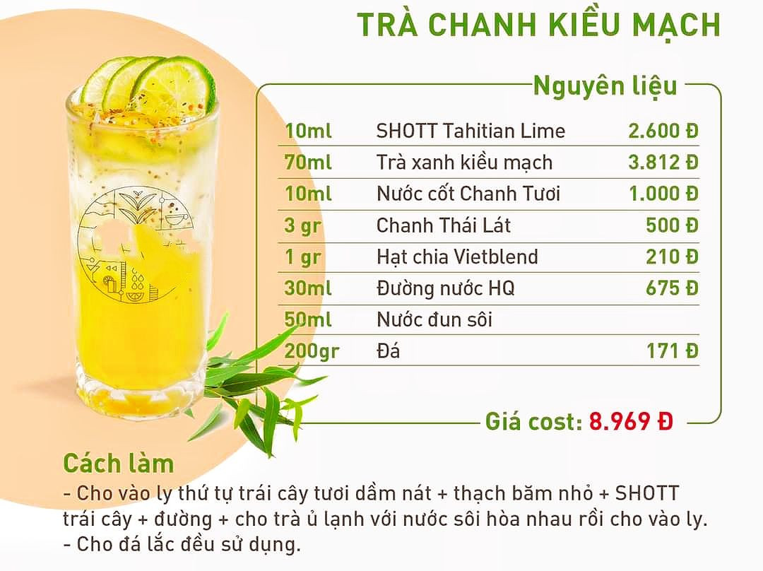 Tổng hợp công thức pha chế trà trái cây giải nhiệt ngày hè: Trà Xoài Bưởi Hồng, Cam Đào, Đào Thạch Mặn, Xoài Thạch Trà và Chanh Kiểu Mạch