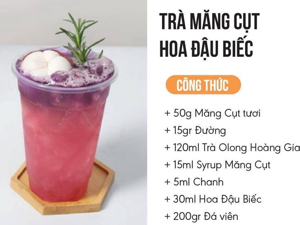 Tổng hợp công thức pha chế trà trái cây: Trà Dâu, Trà Vải, Lục Trà Đào và Trà Mãng Cụt Hoa Đậu Biếc