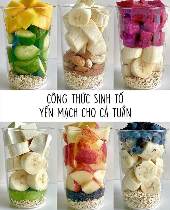 Tổng hợp công thức sinh tố yến mạch cho cả tuần: xoài dưa leo, thanh long, táo mè đen và matcha chuối