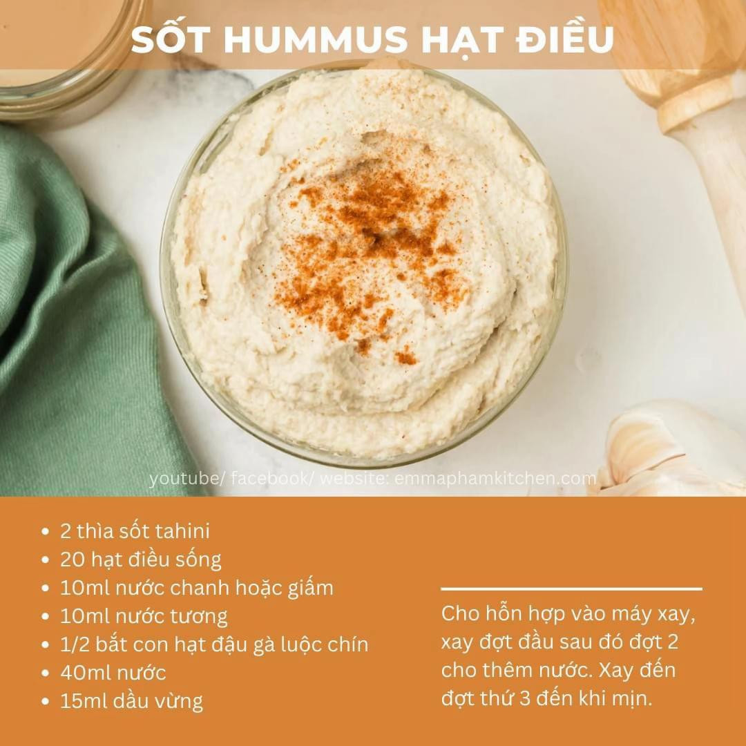 Tổng hợp công thức sốt Hummus vị chanh tỏi, hoa atiso, hạt điều, quả bơ và vị ớt