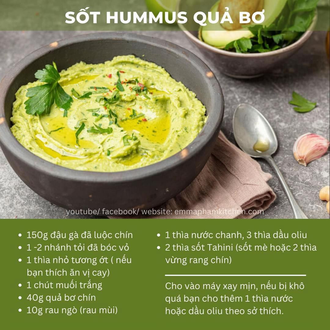 Tổng hợp công thức sốt Hummus vị chanh tỏi, hoa atiso, hạt điều, quả bơ và vị ớt