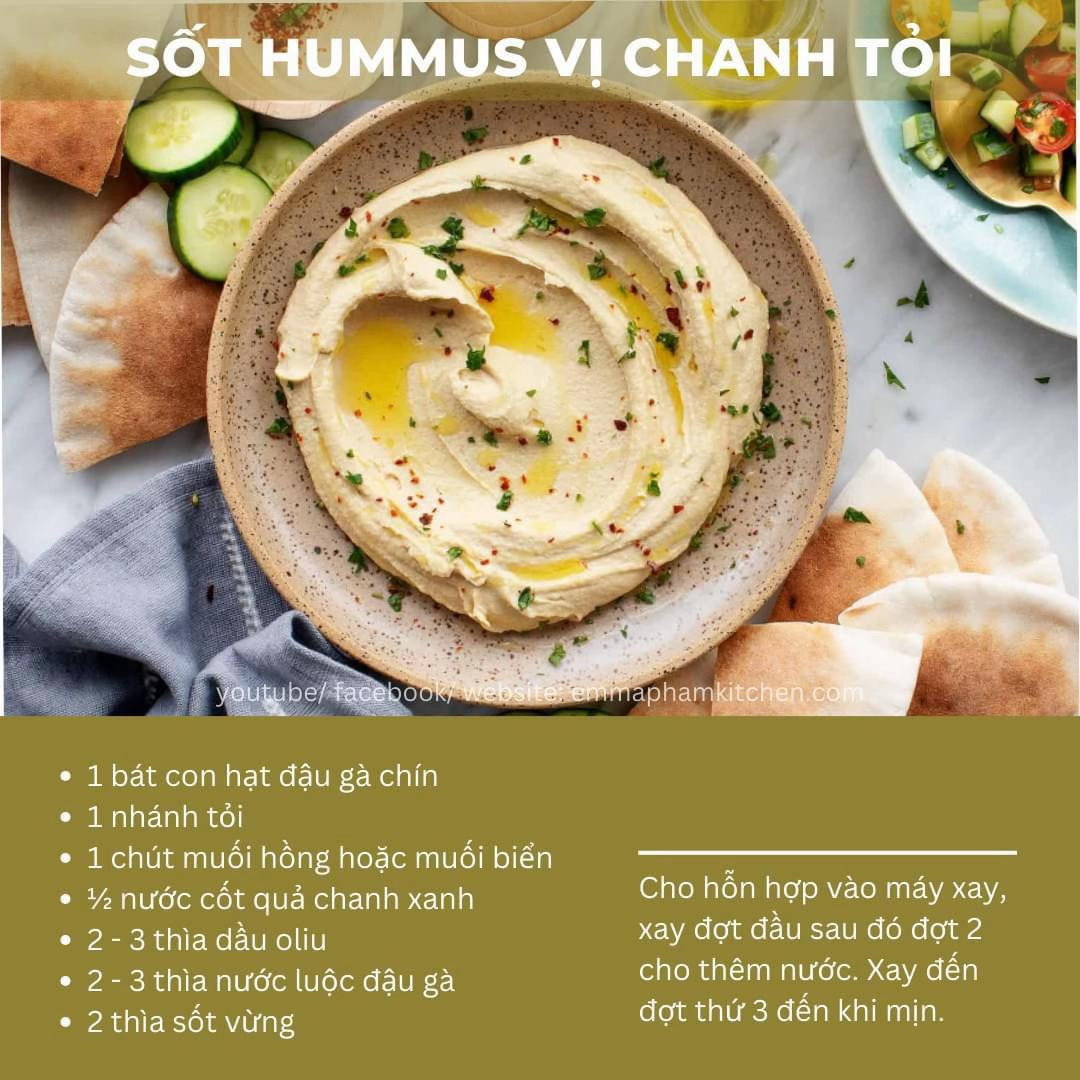 Tổng hợp công thức sốt Hummus vị chanh tỏi, hoa atiso, hạt điều, quả bơ và vị ớt