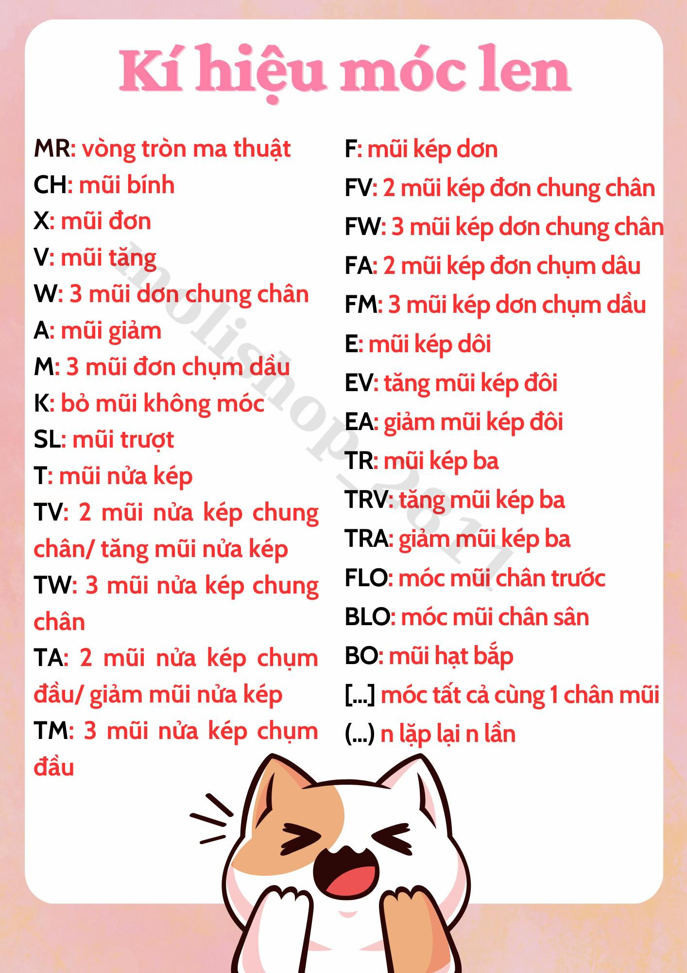 Tổng hợp ký hiệu móc len: Từ điển tiếng Việt, Trung và mã viết tắt