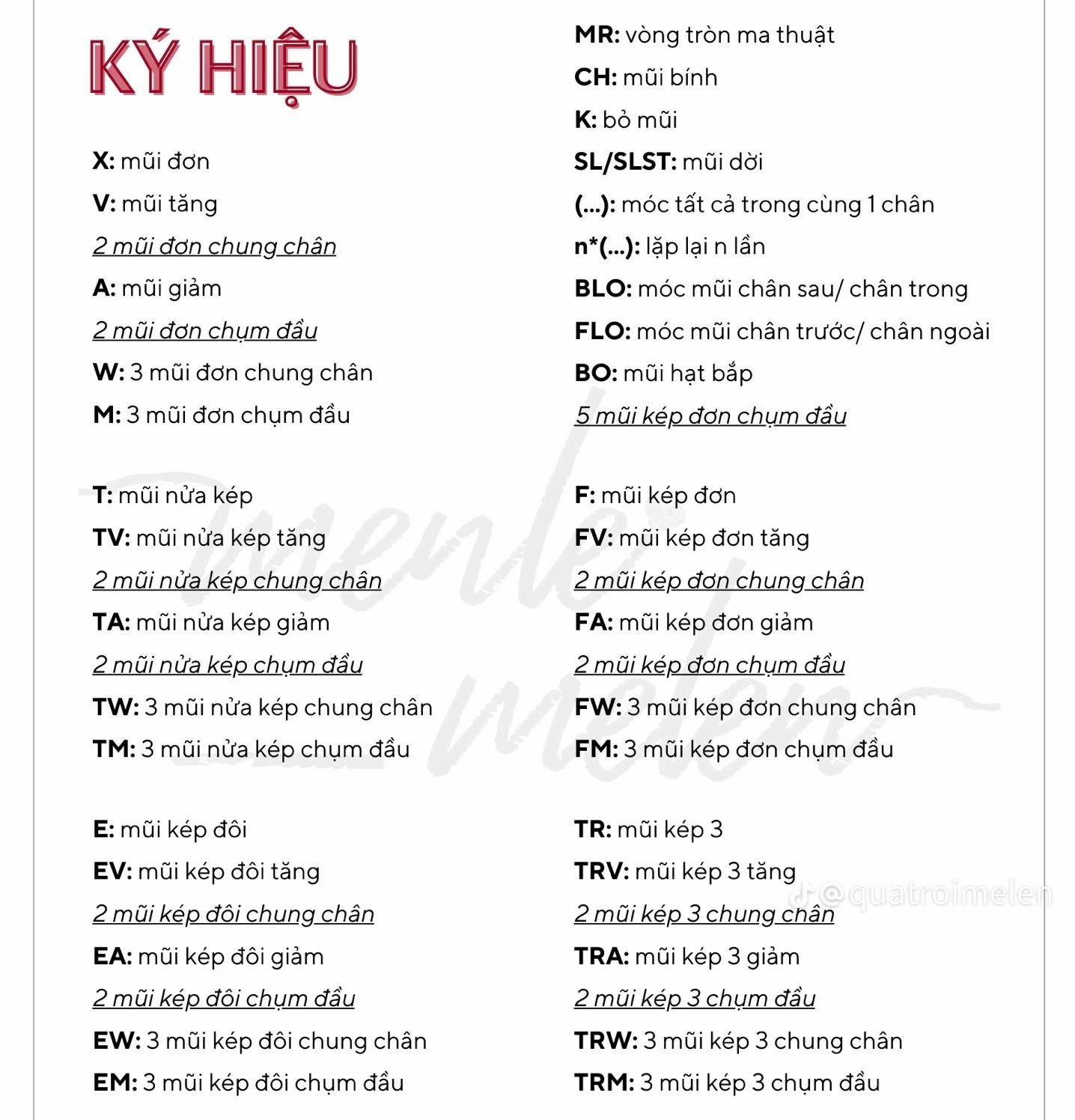 Tổng hợp ký hiệu trong móc len: Chart chữ và Chart hình