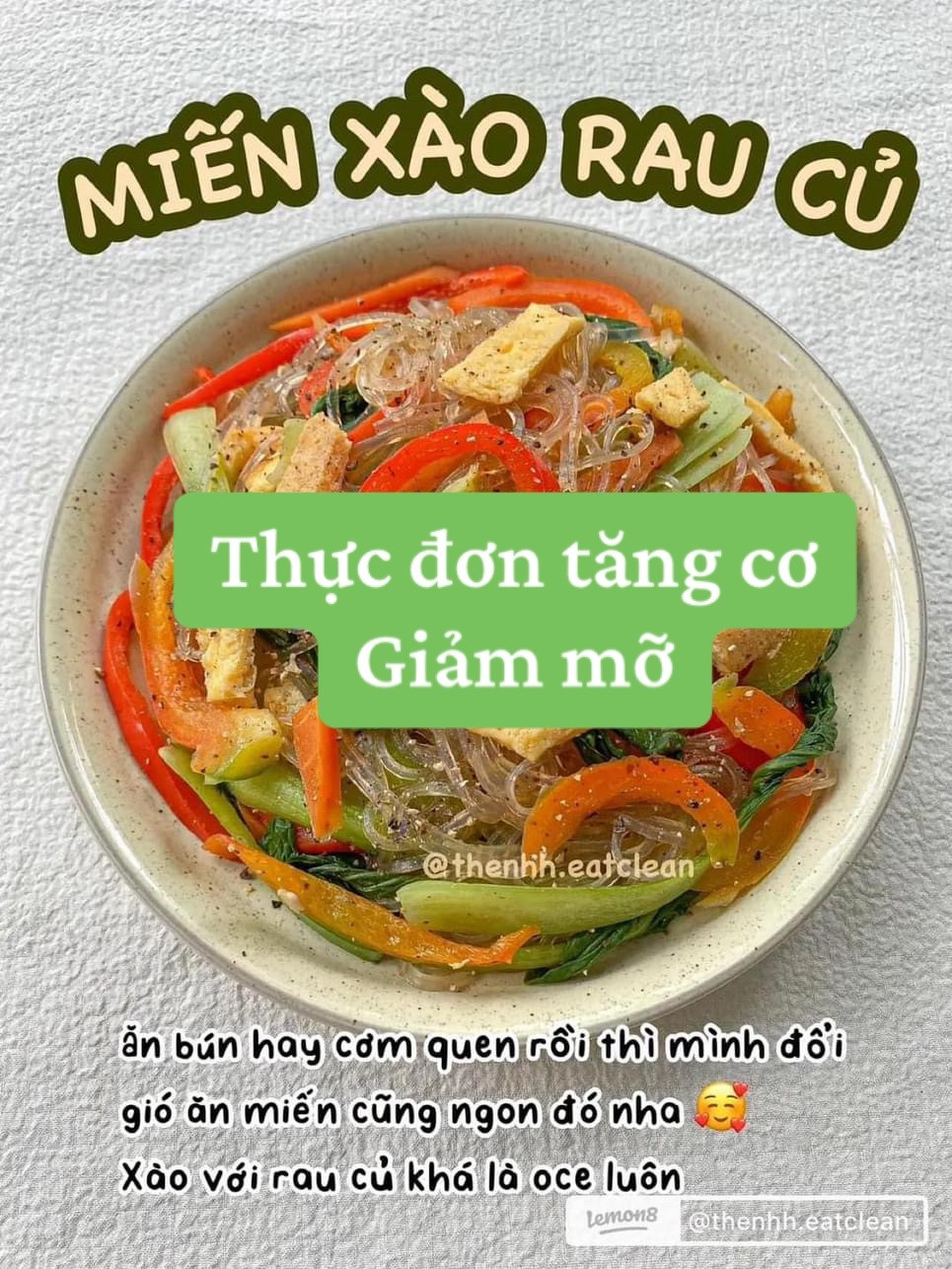 Tổng hợp thực đơn Eat Clean giảm mỡ: Miến xào rau củ, Đậu hũ sốt cay, Mì bơ đậu phộng, Trứng cà chua và Cháo yến mạch
