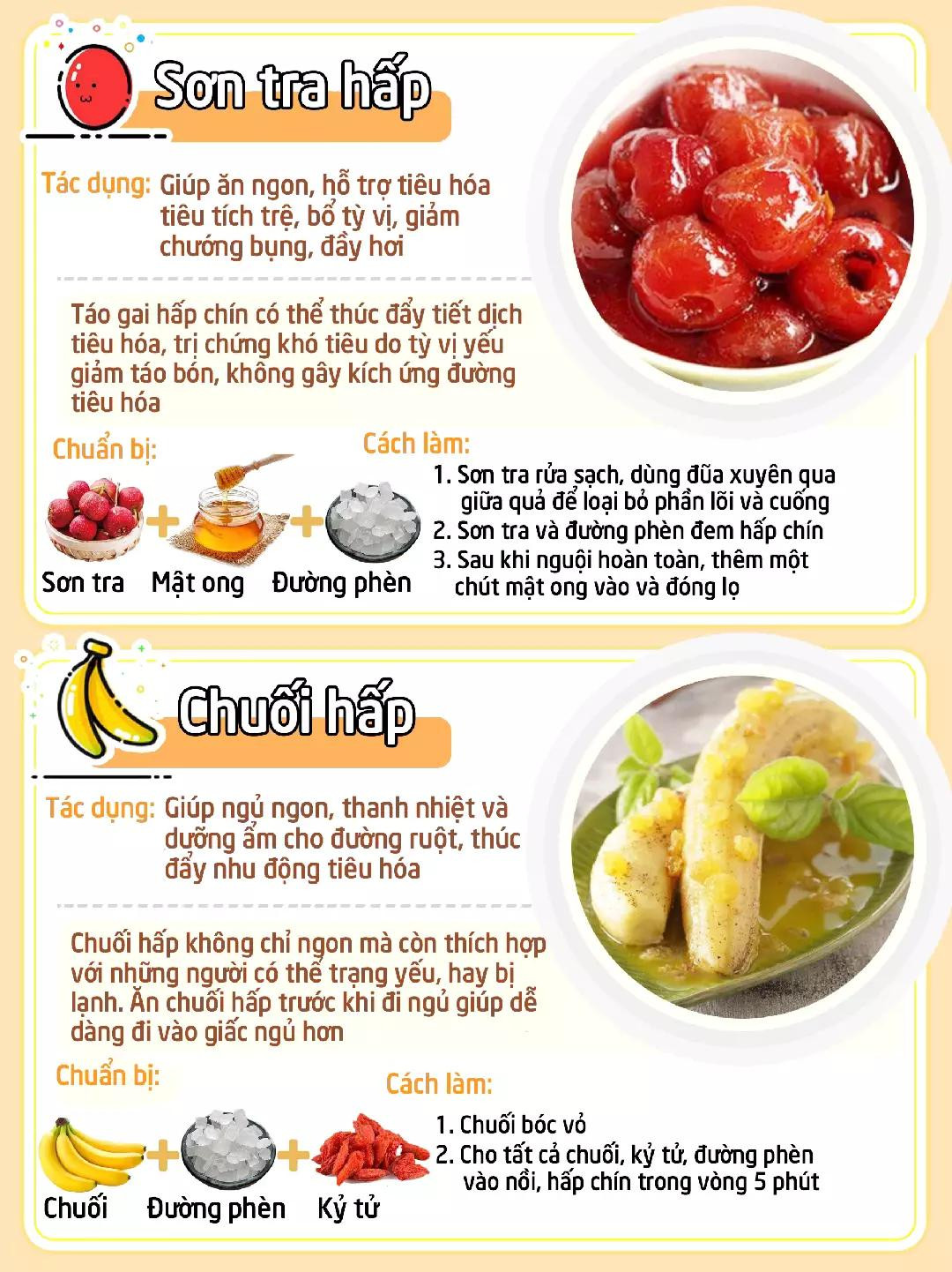 Trái cây hấp chín càng bổ dưỡng: Sơn tra, Chuối, Đu đủ và Đào hấp