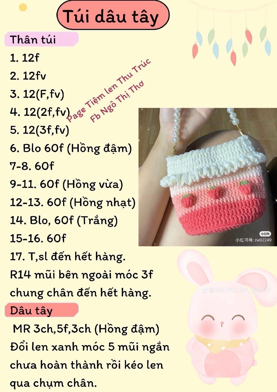 Túi dâu tây hồng trắng len móc