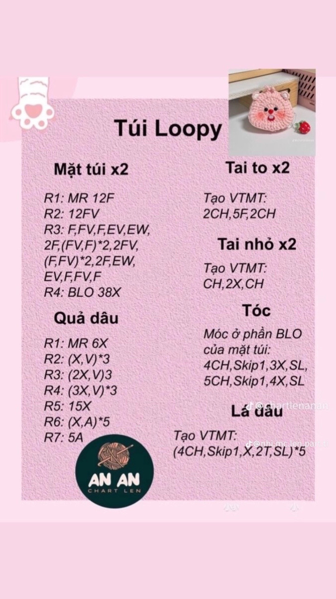 Túi dâu tây hồng trắng len móc