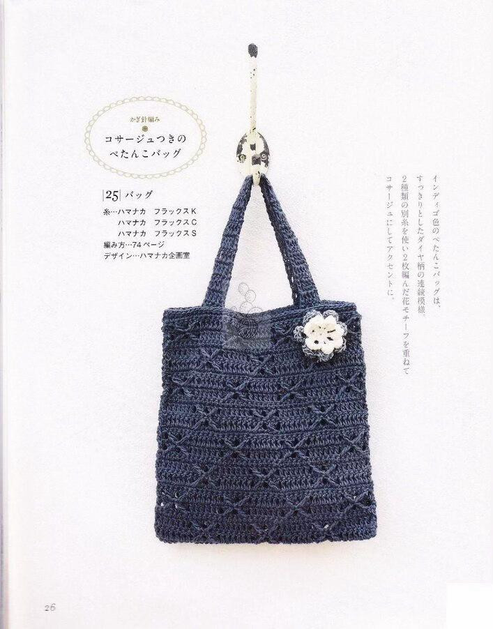 Túi tote móc len màu xanh đậm đính hoa và bảng hướng dẫn chi tiết