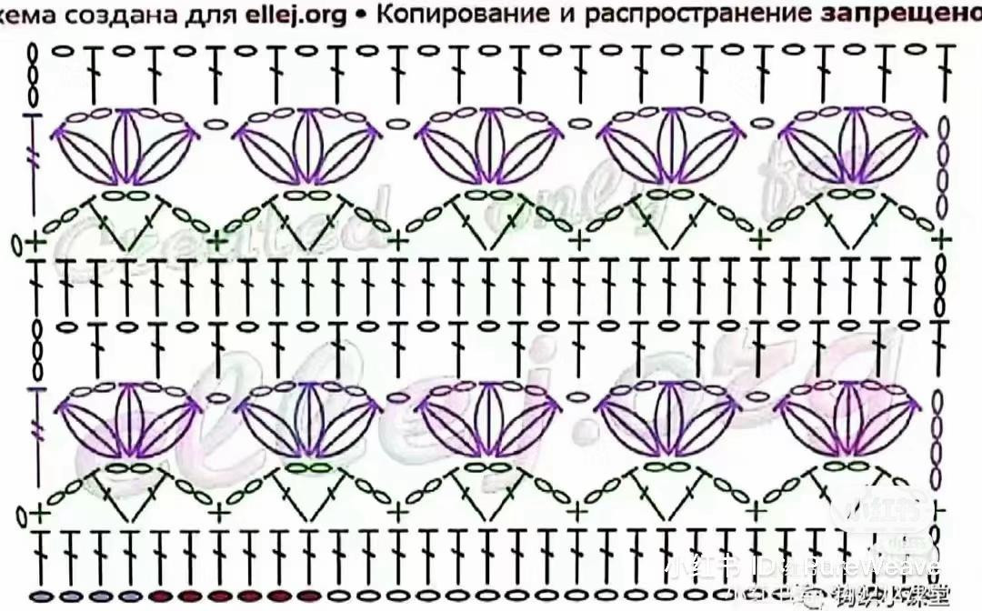 Túi xách móc len sọc ngang màu xanh, hồng và kem kèm bảng chart hướng dẫn chi tiết