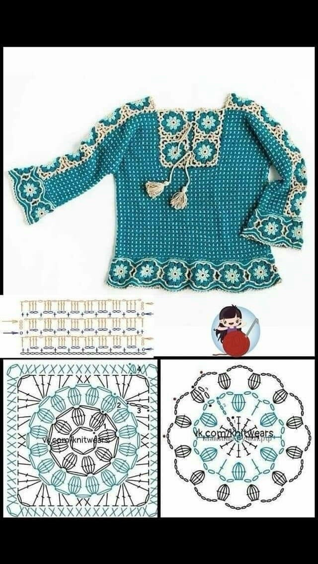 Turquoise Crochet Top with Floral Motif and Detailed Stitch Charts