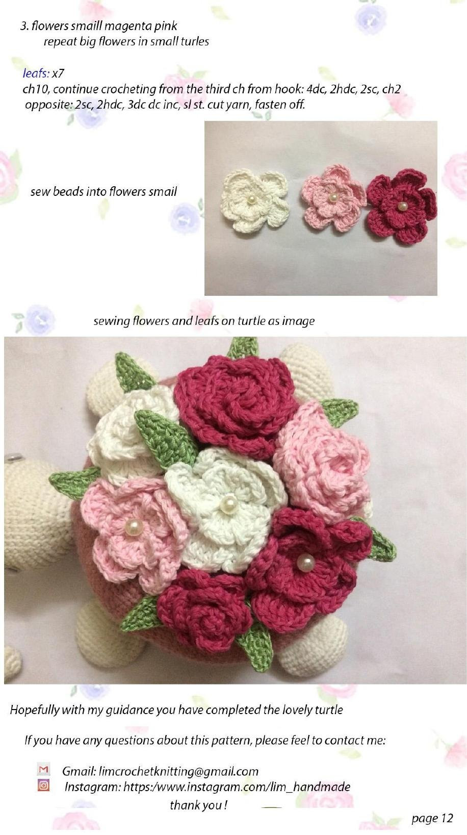 Turtle carrying flowers crochet pattern with detailed chart and materials