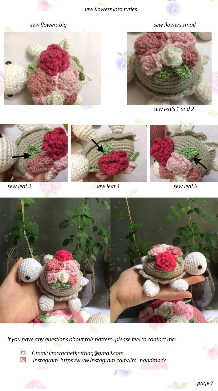 Turtle carrying flowers crochet pattern with detailed chart and materials