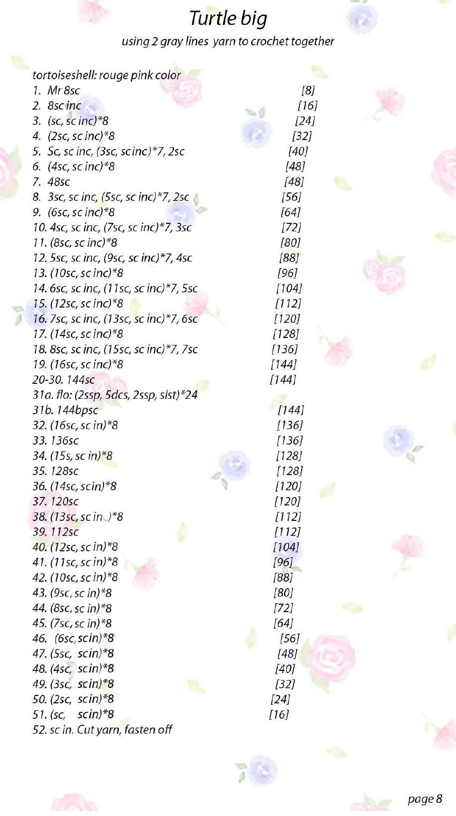 Turtle carrying flowers crochet pattern with detailed chart and materials