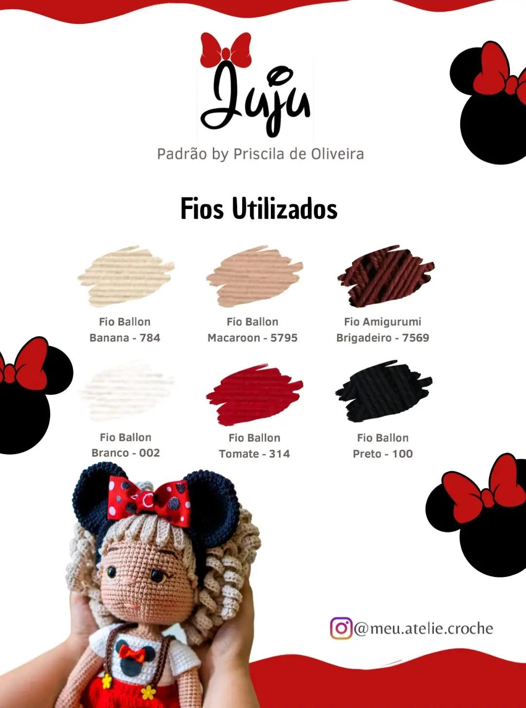 Tutoriais de Amigurumi Búp bê Juju Minnie: Materiais e Padrão Móc Len