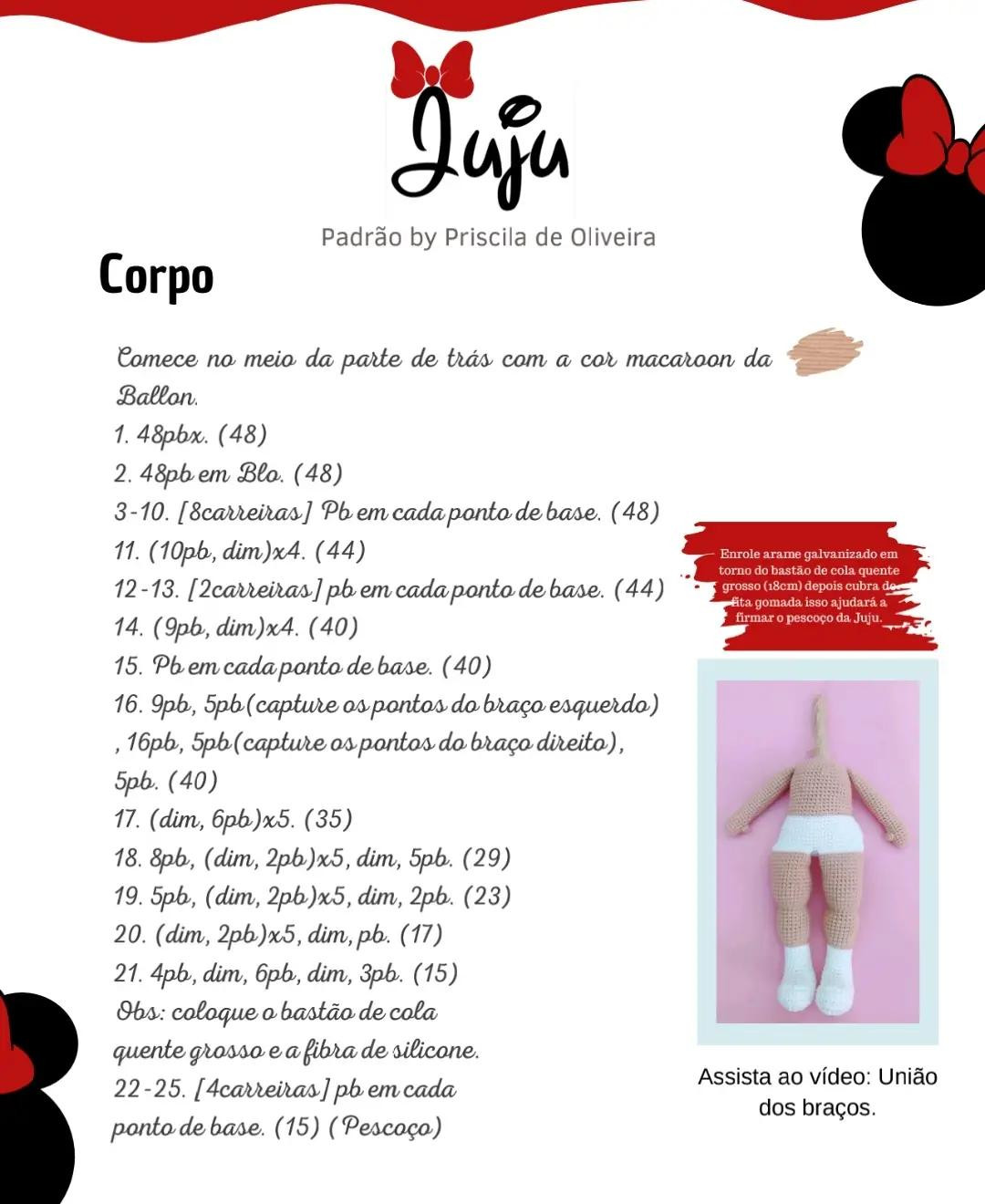 Tutoriais de Amigurumi Búp bê Juju Minnie: Materiais e Padrão Móc Len