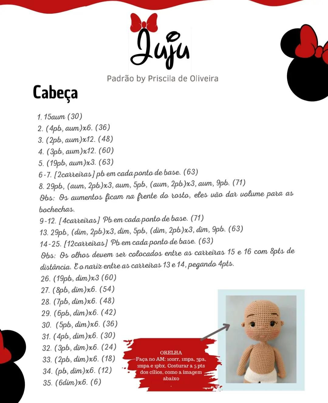 Tutoriais de Amigurumi Búp bê Juju Minnie: Materiais e Padrão Móc Len