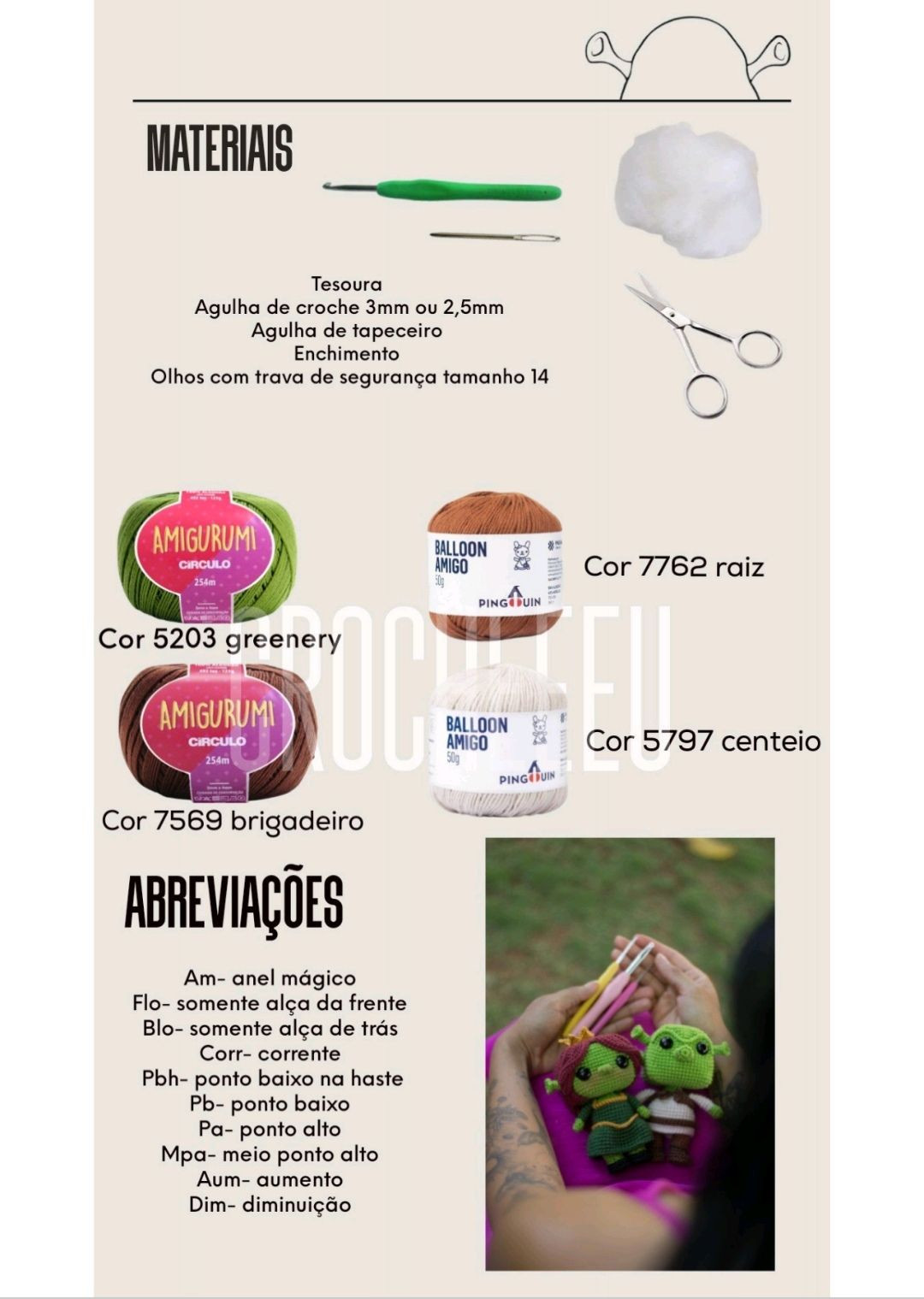 Tutorial Amigurumi Shrek Completo - Materiais e Chart