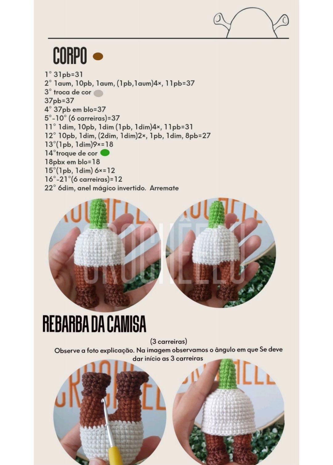 Tutorial Amigurumi Shrek Completo - Materiais e Chart
