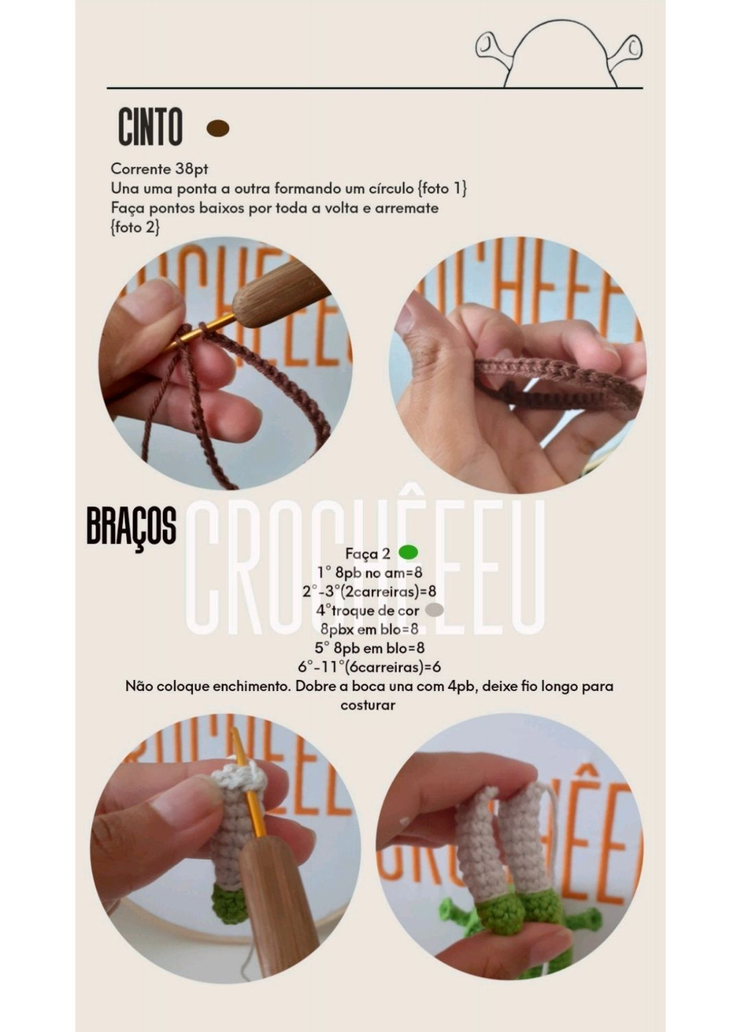 Tutorial Amigurumi Shrek Completo - Materiais e Chart