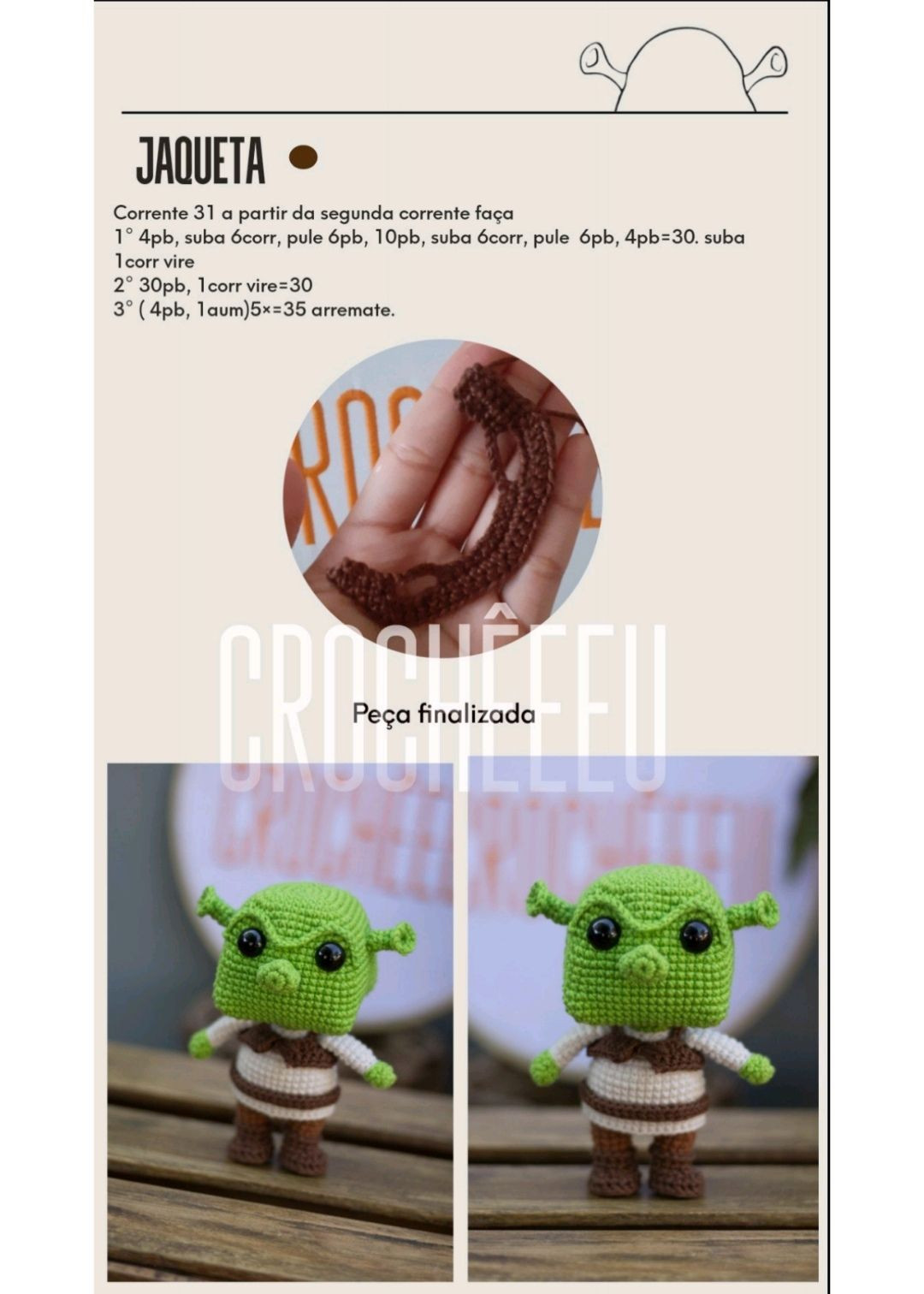 Tutorial Amigurumi Shrek Completo - Materiais e Chart