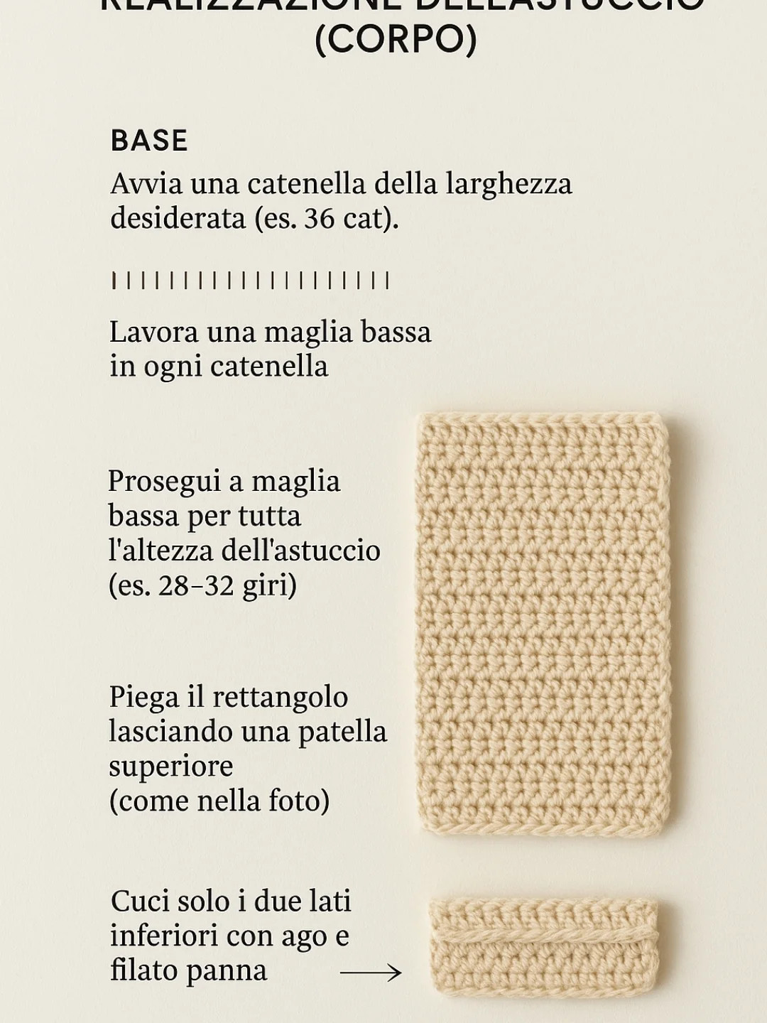 Tutorial Astuccio Rettangolare a Maglia Bassa: Pattern Semplice con Chiusura Bottone e Bordi Decorativi