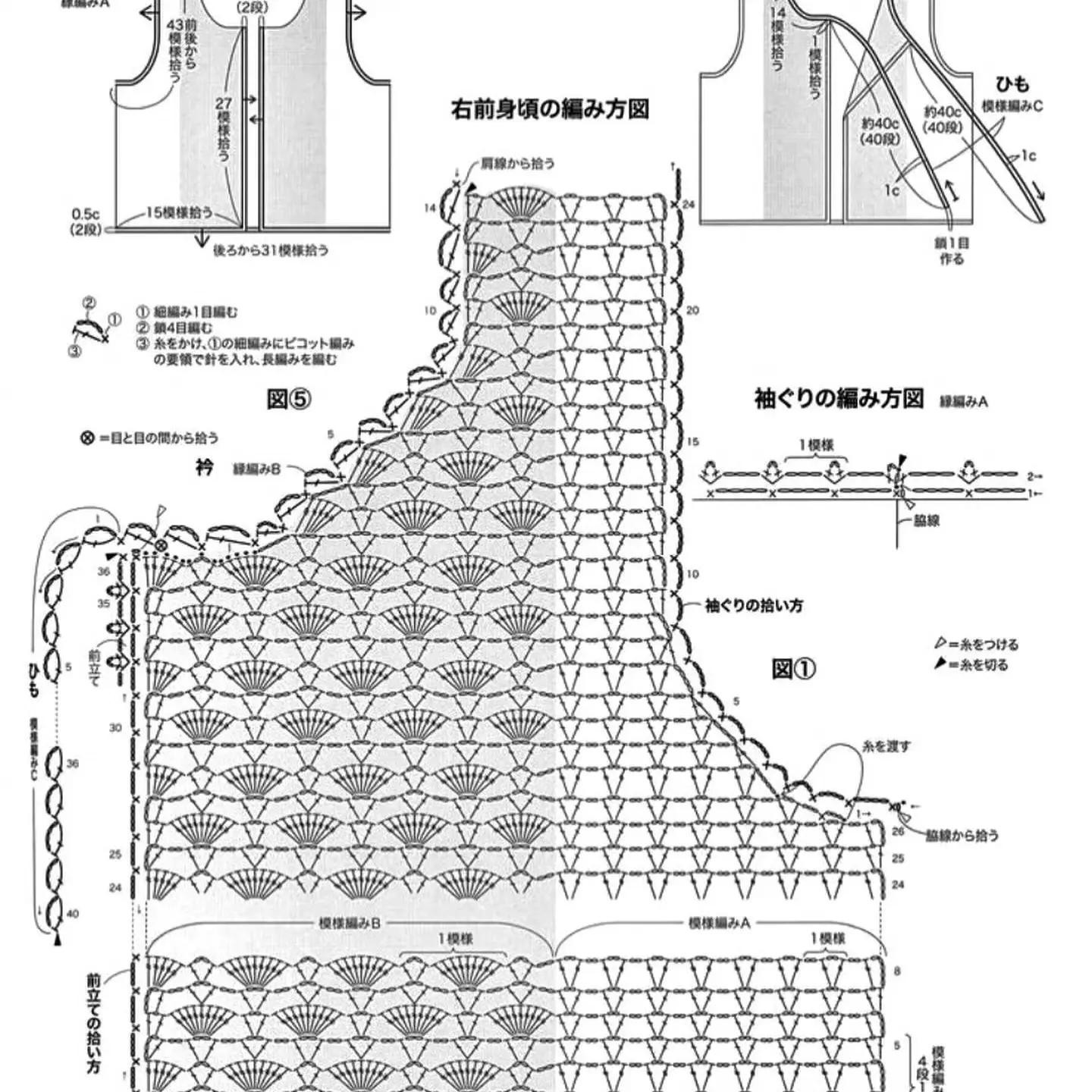 Tutorial Crochê Fácil: Chart Hoa Xanh Vàng và Sơ Đồ Áo Ren Nhật Bản