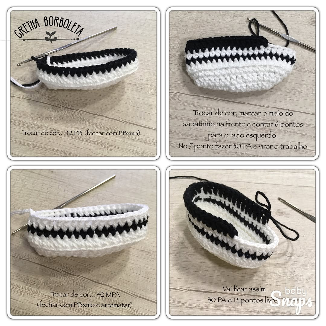 Tutorial crochet baby sneakers black and white high top shoes pattern