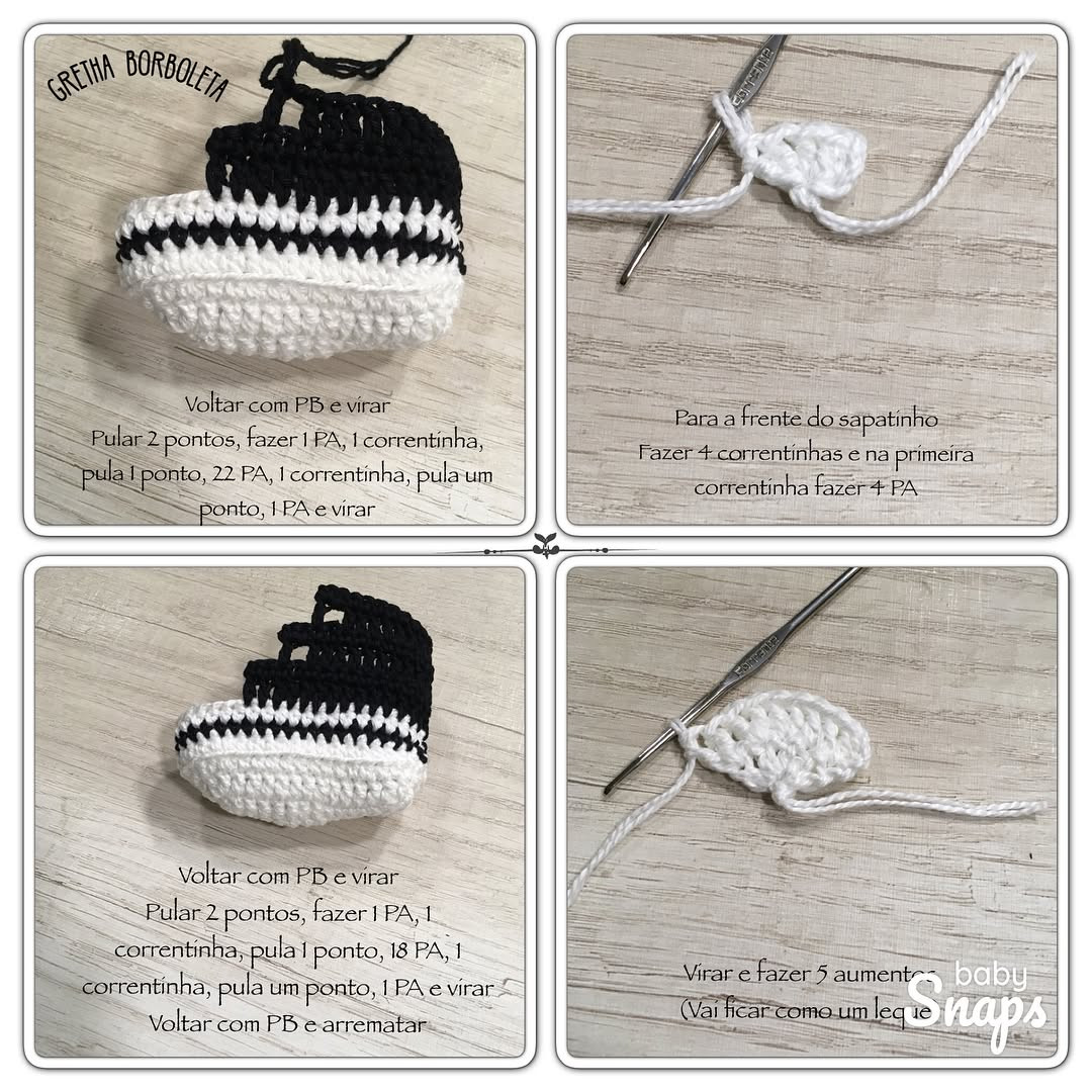 Tutorial crochet baby sneakers black and white high top shoes pattern
