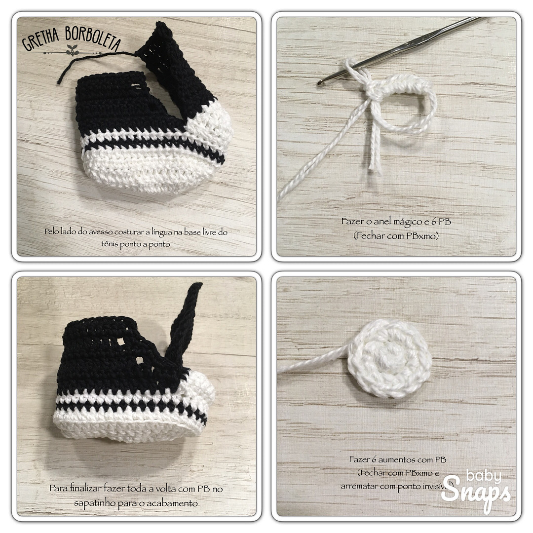 Tutorial crochet baby sneakers black and white high top shoes pattern