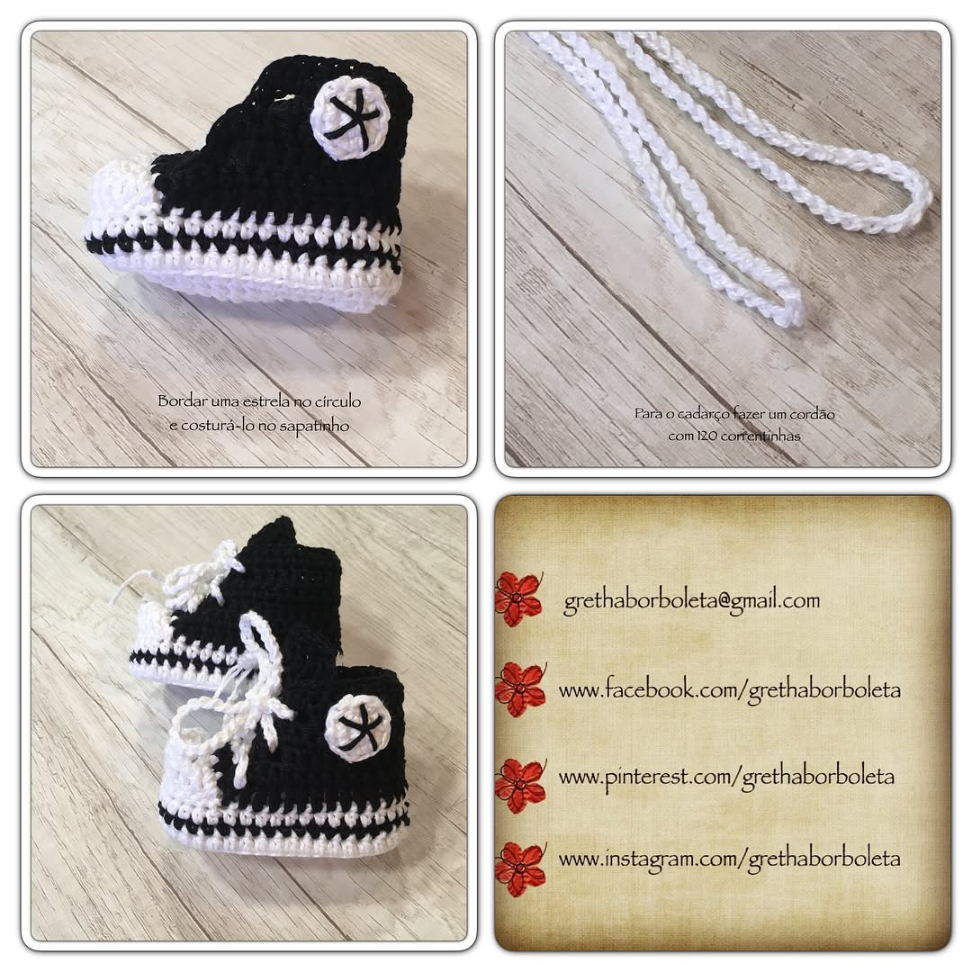Tutorial crochet baby sneakers black and white high top shoes pattern