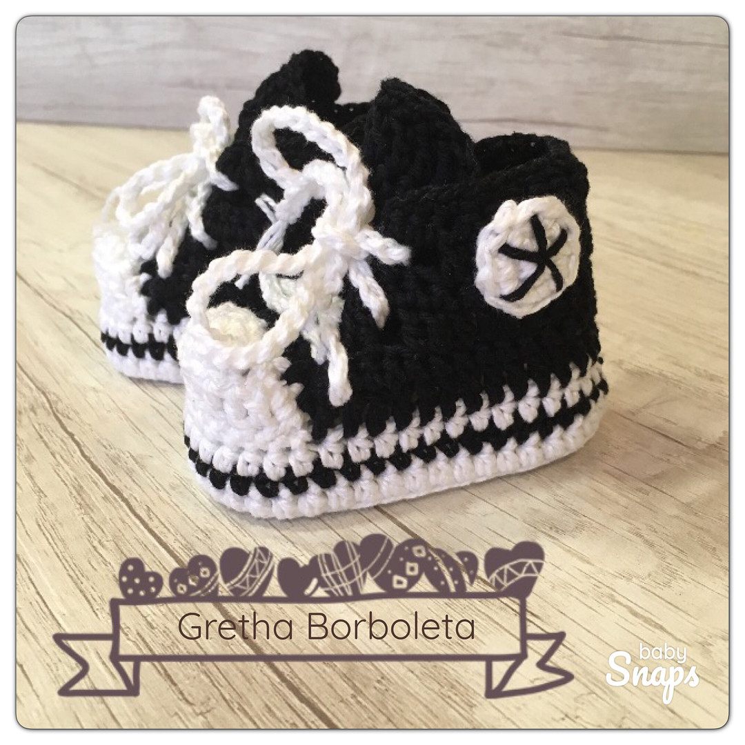 Tutorial crochet baby sneakers black and white high top shoes pattern