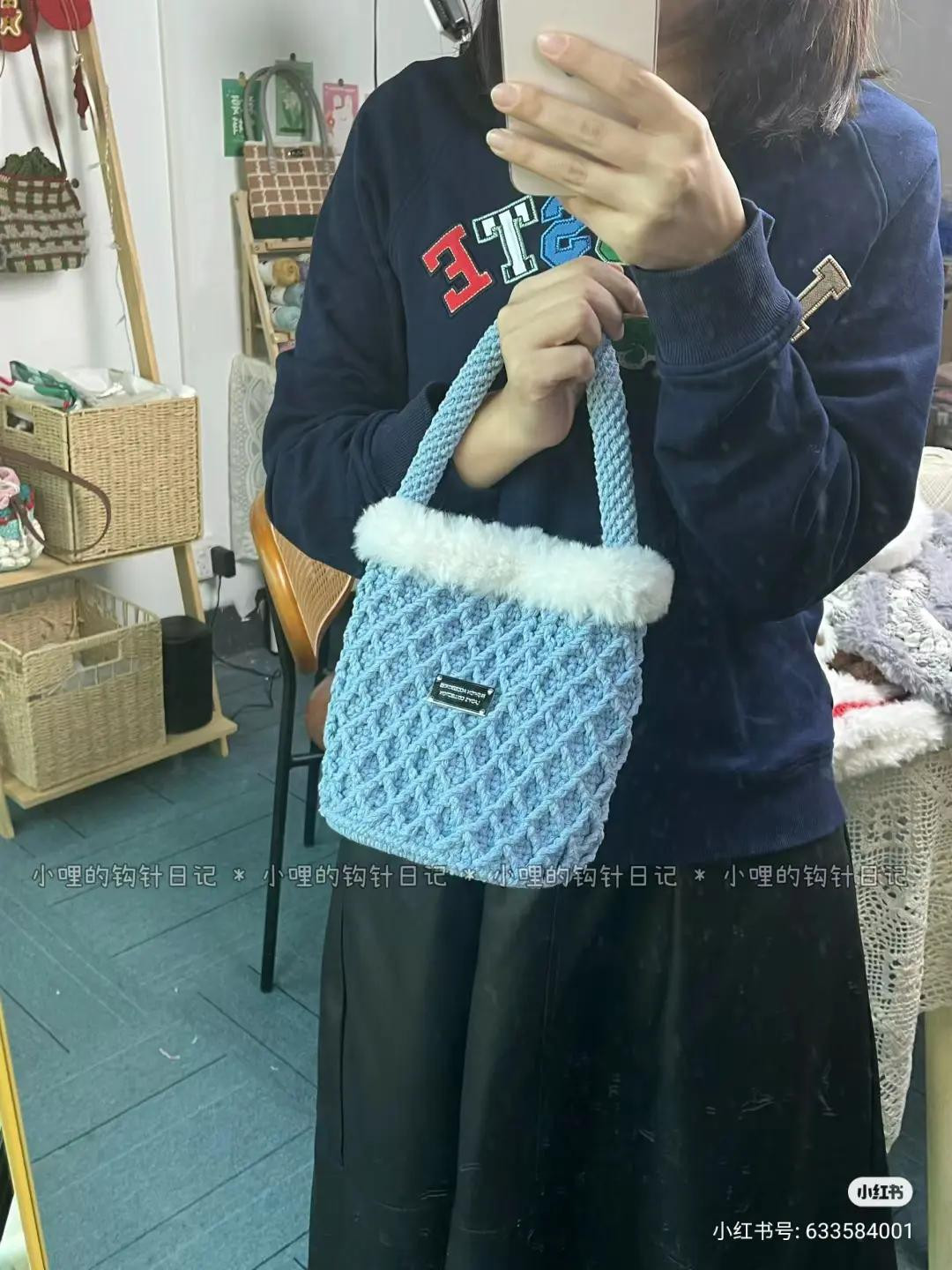 Tutorial for Crocheting a Blue Textured Bag with White Fur Trim and Flat Chart Pattern