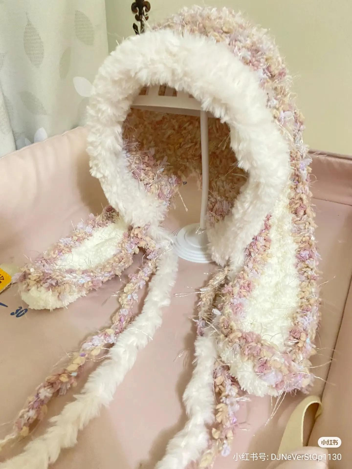 Tutorial for Crocheting a Rabbit Ear Hood with Hand-Mixed Yarn, featuring fluffy white and pastel colors