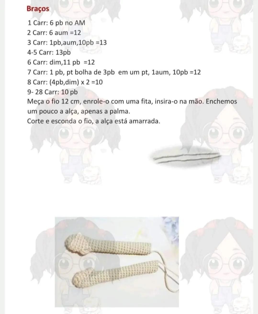 Tutorial Móc Len Búp bê Amigurumi Tóc Nâu Quăn: Hướng dẫn chi tiết cách móc tay và chân bằng tiếng Bồ Đào Nha