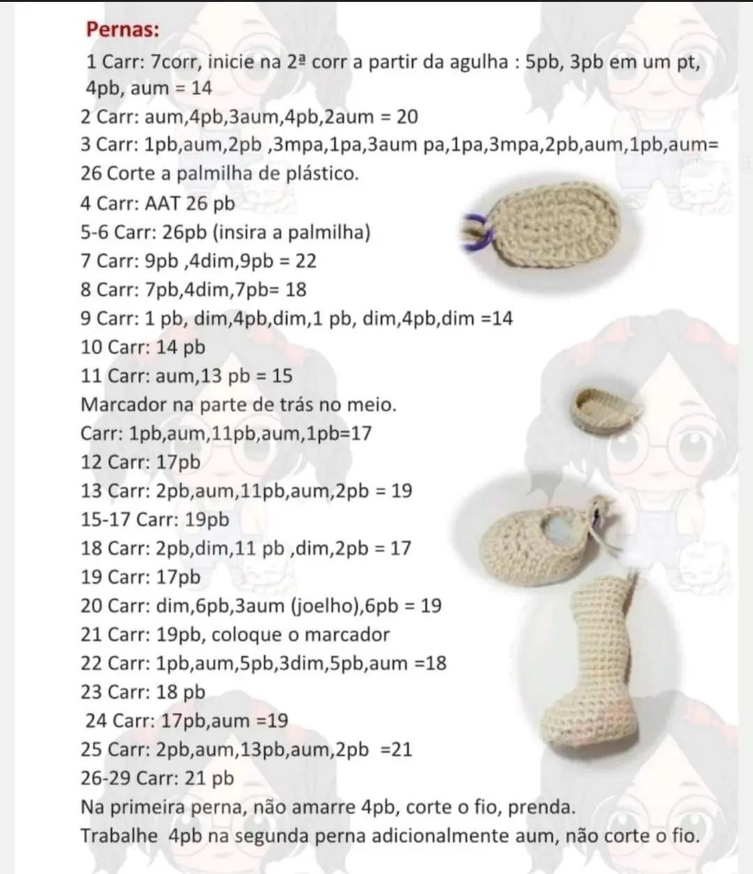 Tutorial Móc Len Búp bê Amigurumi Tóc Nâu Quăn: Hướng dẫn chi tiết cách móc tay và chân bằng tiếng Bồ Đào Nha