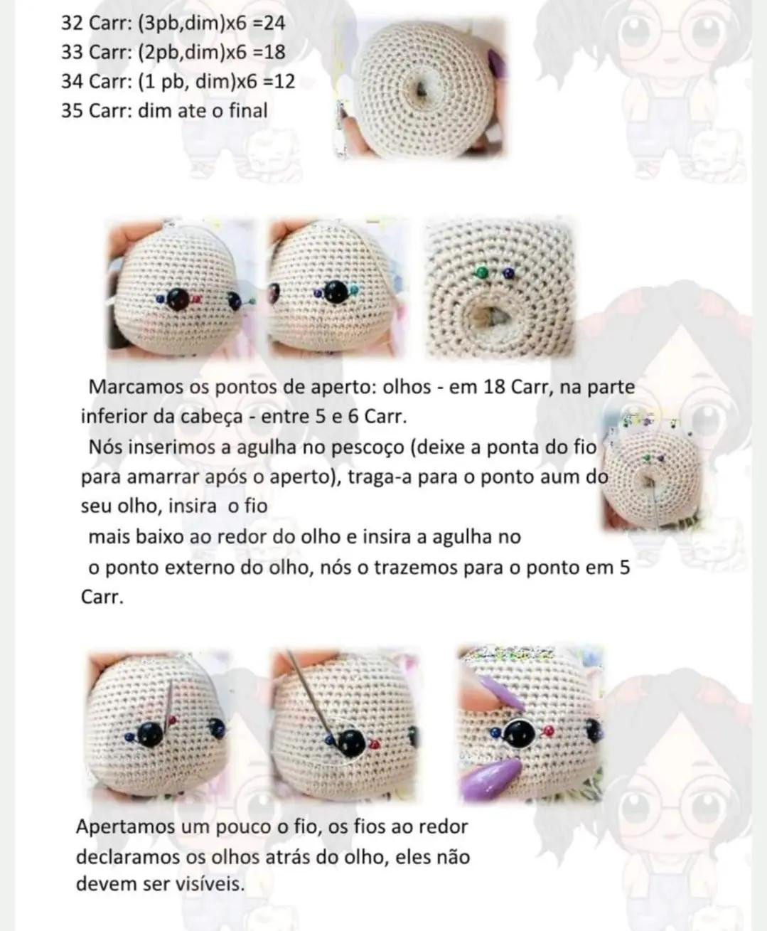 Tutorial Móc Len Búp bê Amigurumi Tóc Nâu Quăn: Hướng dẫn chi tiết cách móc tay và chân bằng tiếng Bồ Đào Nha