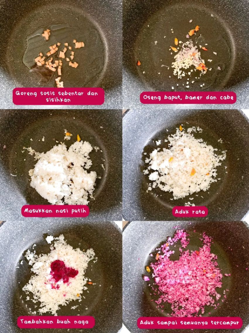 Tutorial Nasi Goreng Buah Naga: Cơm chiên hồng rực màu với trứng ốp la và xúc xích