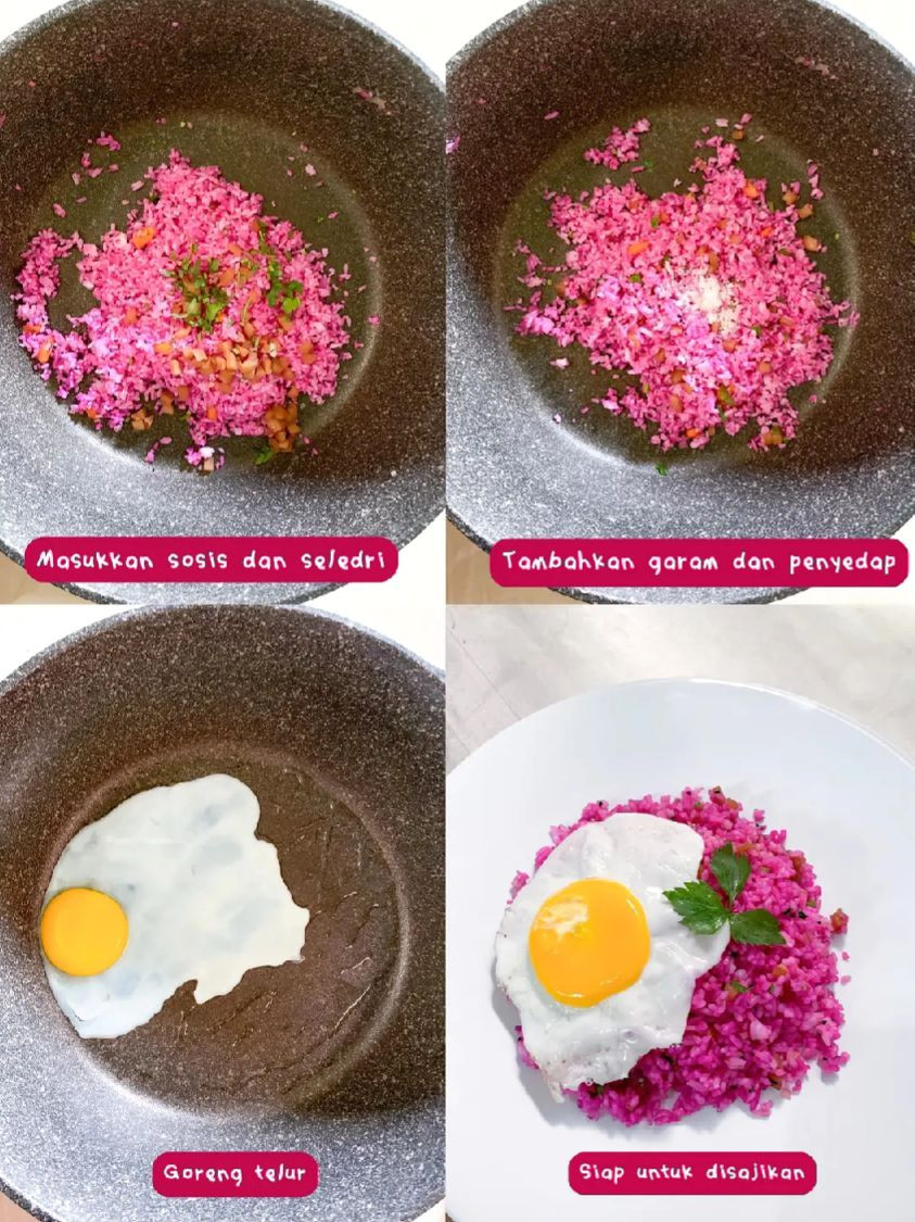 Tutorial Nasi Goreng Buah Naga: Cơm chiên hồng rực màu với trứng ốp la và xúc xích