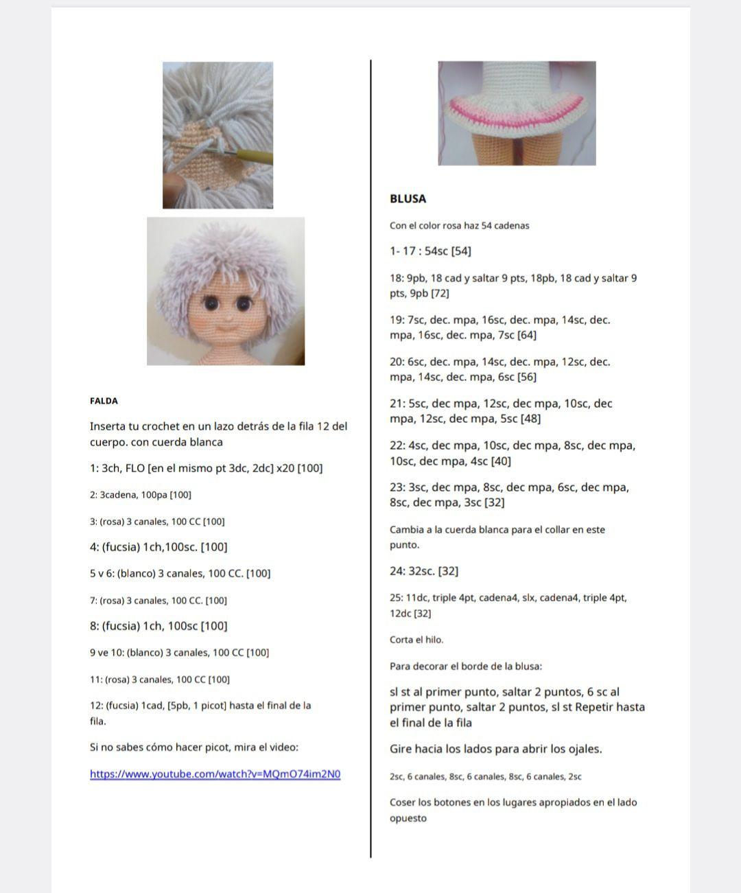 Tutorial para hacer muñeca amigurumi con vestido rosa y pelo rubio