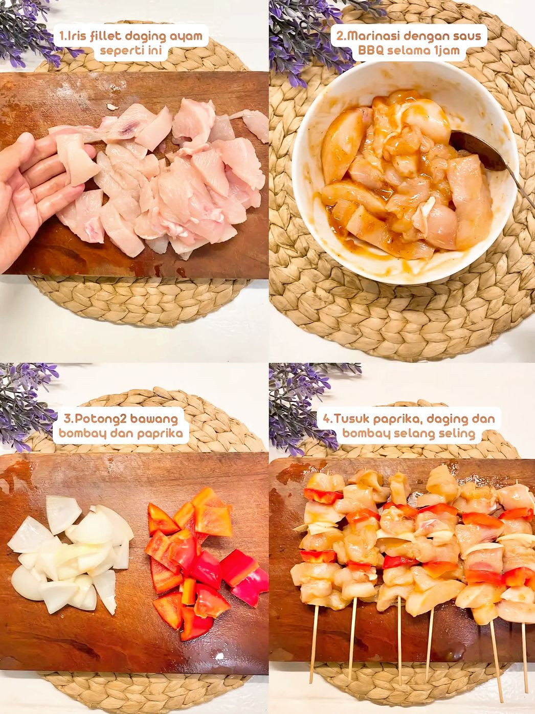 Tutorial Sate Ayam Barbeque: Cách làm xiên thịt gà nướng sốt BBQ ngon tuyệt với ớt chuông và hành tây