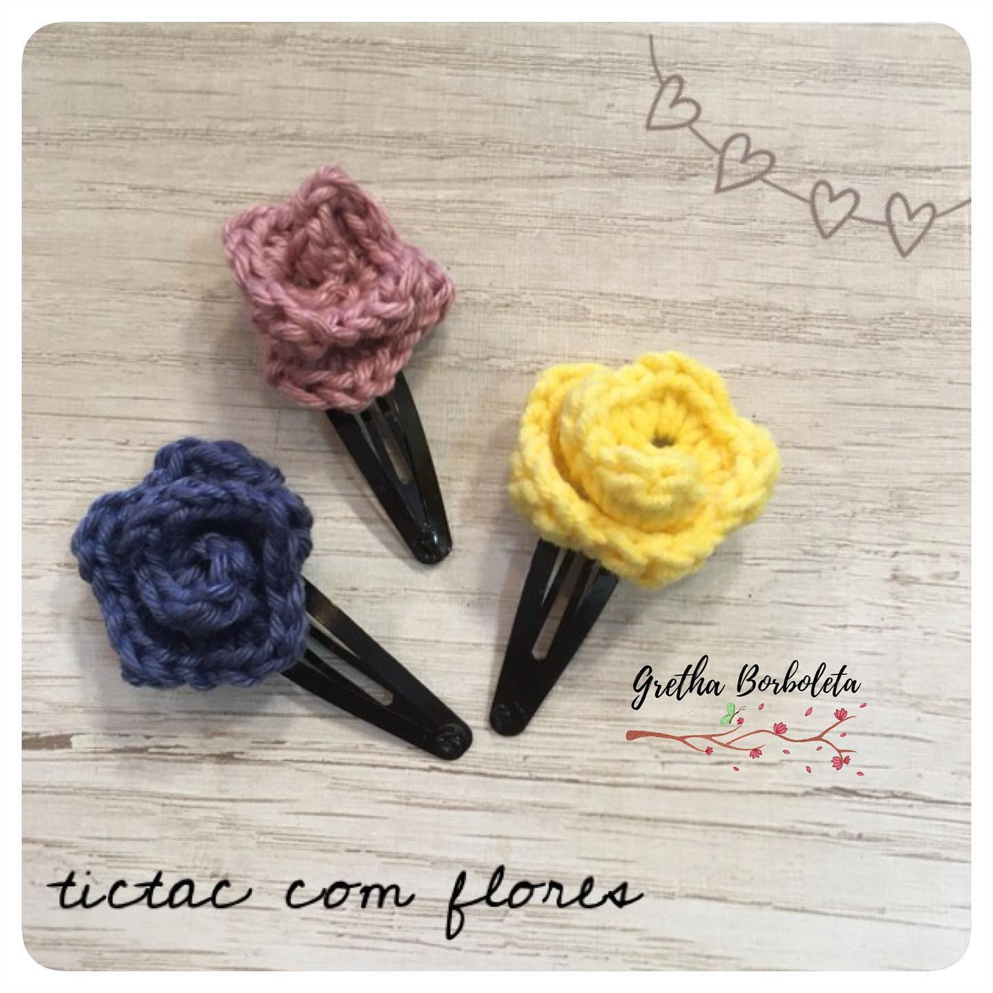 Tutorial: Tictac com flores - Hướng dẫn móc len kẹp tóc hình hoa hồng màu sắc