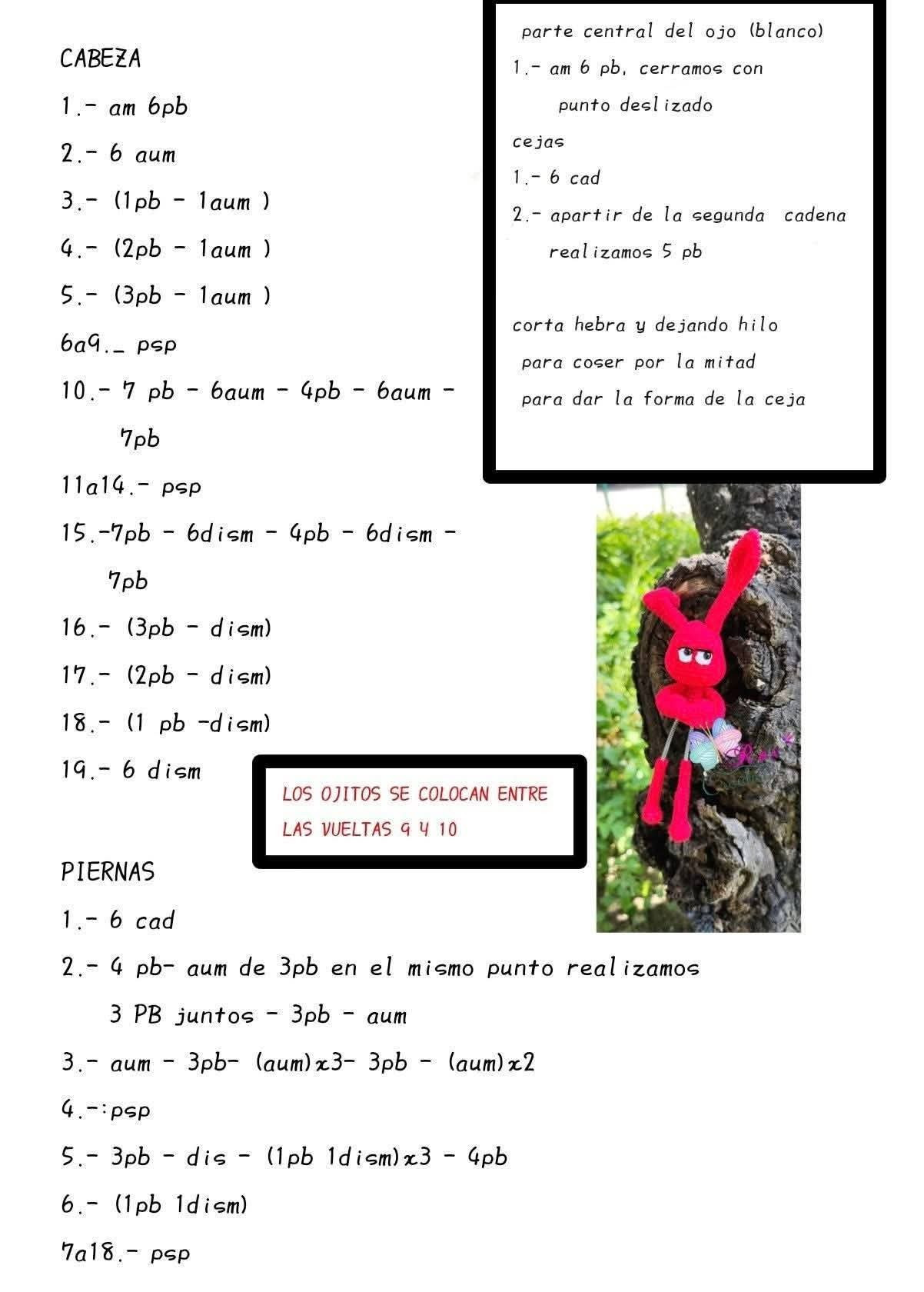 Tutoriales de amigurumi: conejo rojo con patas largas