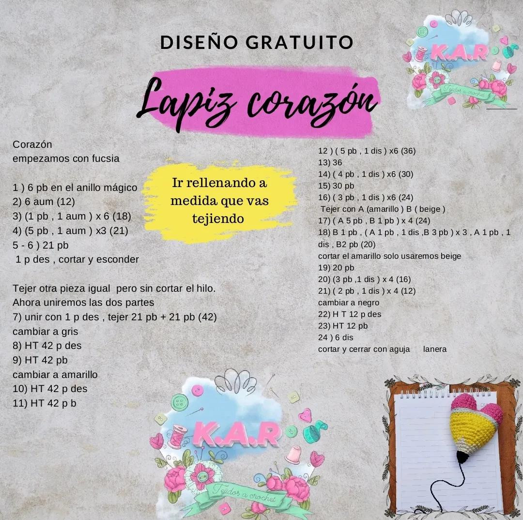 Tutoriales gratis de crochet: Lapiz corazón amarillo y rosa